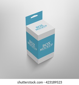 Realistic product package box mock-up with hang slot. Vector mockup template in blue color.