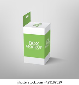 Realistic product package box mock-up with hang slot. Vector mockup template in green color.