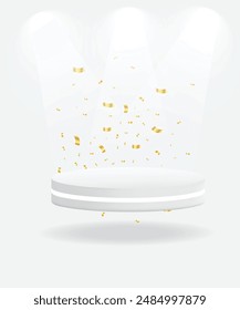 Realistic product podium design with golden color ribbon background. Floating White color Product showcases background art. Pearl Vector Art. Natural cosmetics. Abstract podium design. Circle shape