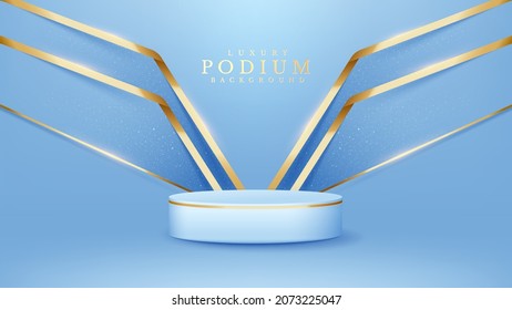 Realistic product podium showcase with gold line on back and glitter light effects elements. luxury 3d style concept. sky blue background.