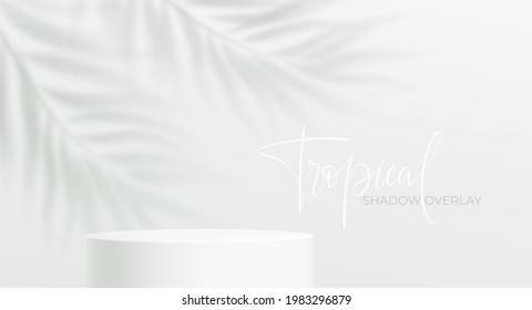 Realistic Product Podium And Transparent Shadow From Palm Leaf On White Background. Tropical Leaf Shadow Product Podium Mockup. Vector Illustration EPS10