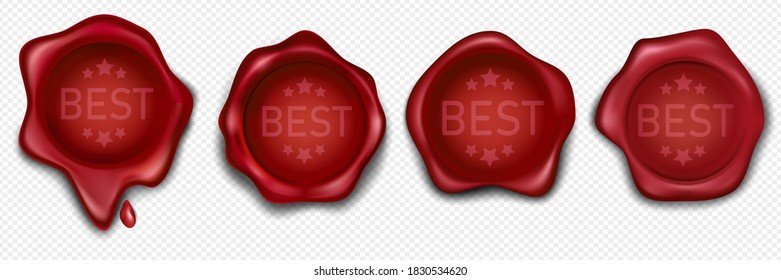 Realistic product wax stamp  set. Printable wax items for better product label or badges on transparent background.  Red wax seals for advertising quality products. Vector illustration
