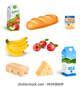 Realistic products isolated images set with different supermarket food bread fruits drinks cheese with shadows vector illustration