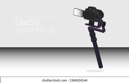 Realistic professional camera with button and display and Professional Photo Video Motorized Gimbals. Isometric style. Vector illustration.