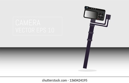 Realistic professional camera with button and display and Professional Photo Video Motorized Gimbals. Vector illustration.