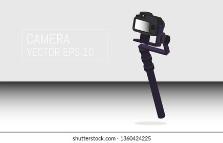 Realistic professional camera with button and display and Professional Photo Video Motorized Gimbals. Isometric style. Vector illustration.
