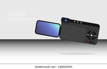 Realistic professional camera with button and display. Vector illustration.