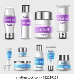 Realistic professional cosmetic packaging set with tubes bottles and containers for skin treatment products isolated vector illustration