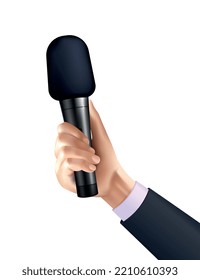 Realistic professional wireless microphone in human hand on white background vector illustration