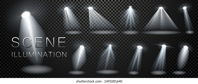 Realistic Projector Disco Light Set. Easy Set Of Templates Spotlight Beam For Stage Design. Light Can Be Used On Flyers, Banners Or Web. Concert Shine Effect. Vector Illustration. EPS 10.