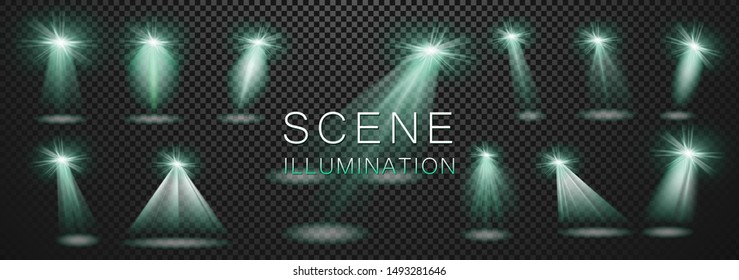 Realistic projector disco light set. Easy set of templates spotlight beam for stage design. Light can be used on flyers, banners or web. Concert shine effect. Vector illustration. EPS 10.