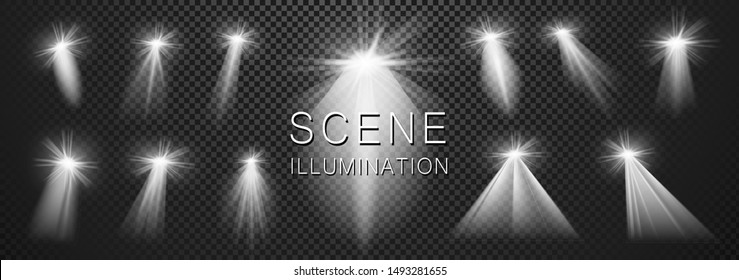 Realistic projector disco light set. Easy set of templates spotlight beam for stage design. Light can be used on flyers, banners or web. Concert shine effect. Vector illustration. EPS 10.