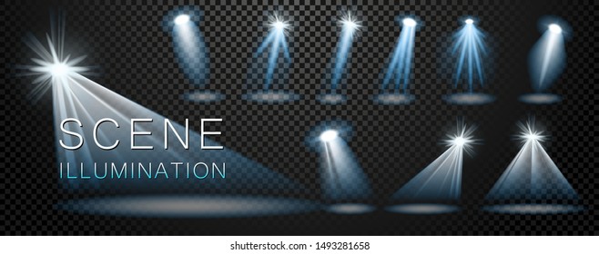 Realistic projector disco light set. Easy set of templates spotlight beam for stage design. Light can be used on flyers, banners or web. Concert shine effect. Vector illustration. EPS 10.