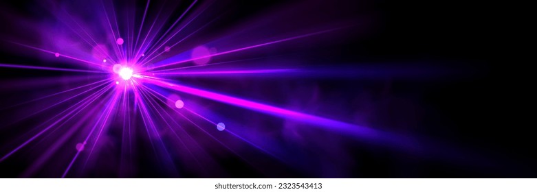 Realistic projector light shining on dark background. Vector illustration of neon spotlight rays glowing with smoke effect on stage at night club dance party, theater performance, music concert