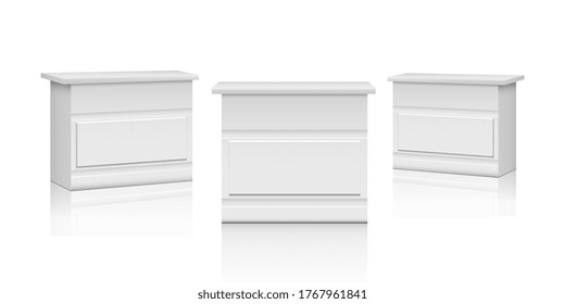 Realistic Promo Stands. White Market Counters, 3D Interior Chest Of Drawers Or Bureau. Expo Showroom Tables Vector Mockup