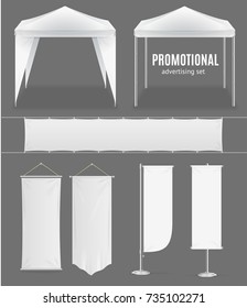 Realistic Promotional Advertising Set Empty Template Textile Banner, Flag and Tent or Pavilion for Fair, Festival, Expo. Vector illustration