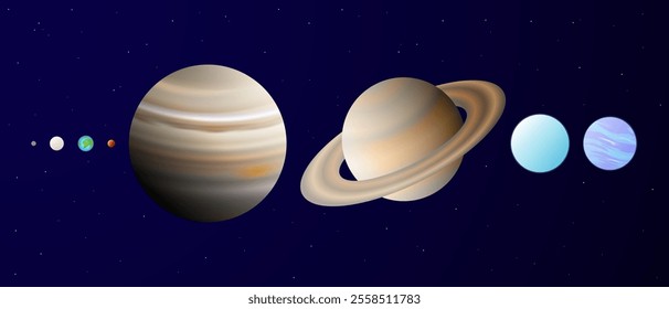 Realistic Proportions or Size of the Planets of the Solar System. Mercury, Venus, Earth, Mars, Jupiter, Saturn, Uranus, and Neptune Planet Measurements. 