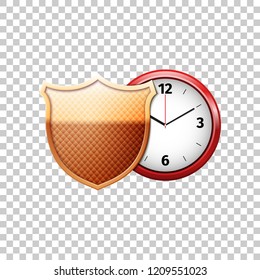 Realistic Protected guard shield and classic red clock isolated object on transparent background. Saving time concept. Safety badge watch sign. Vector Illustration