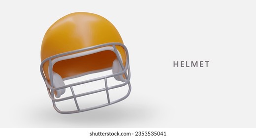 Realistic protective goalie helmet. Sports accessory for face and head safety. Helmet with metal mesh. Concept for sports accessories store. Color banner in cartoon style