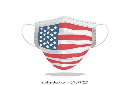 Realistic Protective Medical Face Mask Front Side Vector, With The Symbol Of The America Flag, Vector Illustration