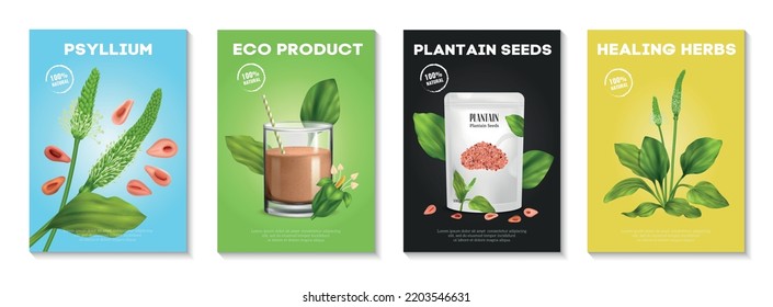Realistic psyllium poster set with healing herbs isolated vector illustration