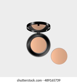 Realistic puff box with face powder and mirrow. Top view powder make up.