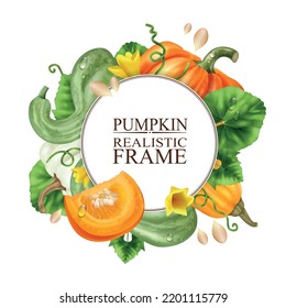 Realistic pumpkin frame with ripe colorful plants and leaves vector illustration