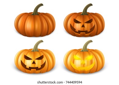 Realistic pumpkin set - head jack lantern icon closeup isolated on white background. Halloween Symbol. Design template, stock vector illustration, eps10