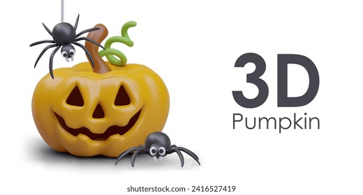 Realistic pumpkin and spiders weave webs. Poster with Halloween decorative elements. Funny spooky elements concept. Vector illustration in 3d style with white background