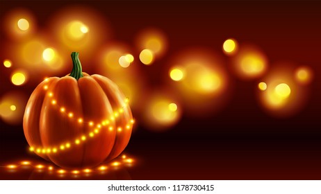 Realistic pumpkin vector illustration with orange lights garlands on dark background. Holiday greeting card backdrop.
