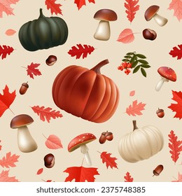 Realistic pumpkins, leaves, mushroom, acorn, chestnut. Autumn foliage seamless pattern vibrant and textured decoration. Perfect for textiles, wallpapers, and more. Not AI generated.