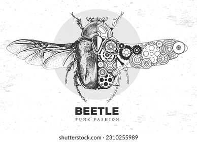 Realistic and punk style beetle illustration. Beetle silhouette with gears. Vector illustration