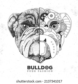 Realistic and punk style bulldog face illustration. Bulldog face silhouette with gears. Vector illustration