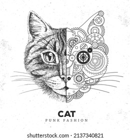 Realistic and punk style cat face illustration. Cat face silhouette with gears. Vector illustration