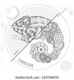 Realistic and punk style chameleon illustration. Chameleon silhouette with gears. Vector illustration