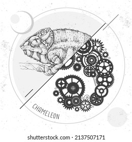 Realistic and punk style chameleon illustration. Chameleon silhouette with gears. Vector illustration