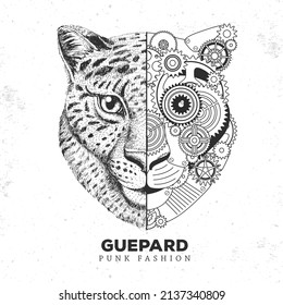 Realistic and punk style cheetah face illustration. Cheetah face silhouette with gears. Vector illustration