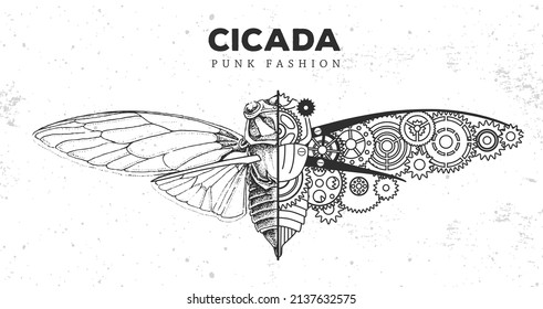 Ilustración de cigarra realista y punk. Silueta de Cicada con engranajes. Ilustración del vector