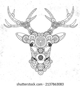 Realistic and punk style deer illustration. Deer head silhouette with gears. Vector illustration