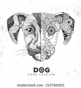 Realistic and punk style dog face illustration. Dog face silhouette with gears. Vector illustration