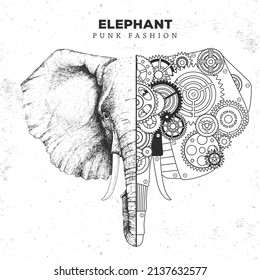 Realistic And Punk Style Elephant Head Illustration. Elephant Head Silhouette With Gears. Vector Illustration