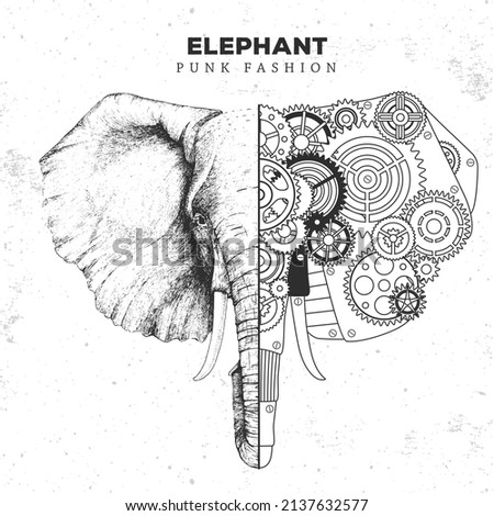 Realistic and punk style elephant head illustration. Elephant head silhouette with gears. Vector illustration
