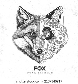 Realistic and punk style fox face illustration. Fox face silhouette with gears. Vector illustration