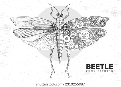 Realistic and punk style grasshopper illustration. Beetle silhouette with gears. Vector illustration