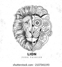 Realistic and punk style lion face illustration. Lion face silhouette with gears. Vector illustration