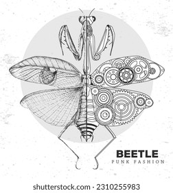 Realistic and punk style Praying mantis illustration. Mantis silhouette with gears. Vector illustration