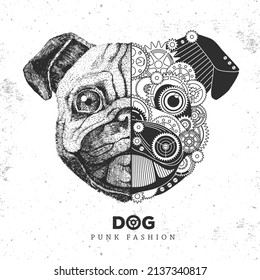 Realistic and punk style pug dog face illustration. Pug dog face silhouette with gears. Vector illustration