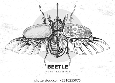 Realistic and punk style rhinoceros beetle illustration. Beetle silhouette with gears. Vector illustration