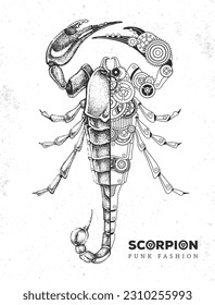 Realistic and punk style scorpion illustration. Scorpion silhouette with gears. Vector illustration