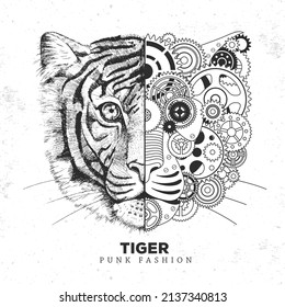 Realistic and punk style tiger face illustration. Tiger face silhouette with gears. Vector illustration